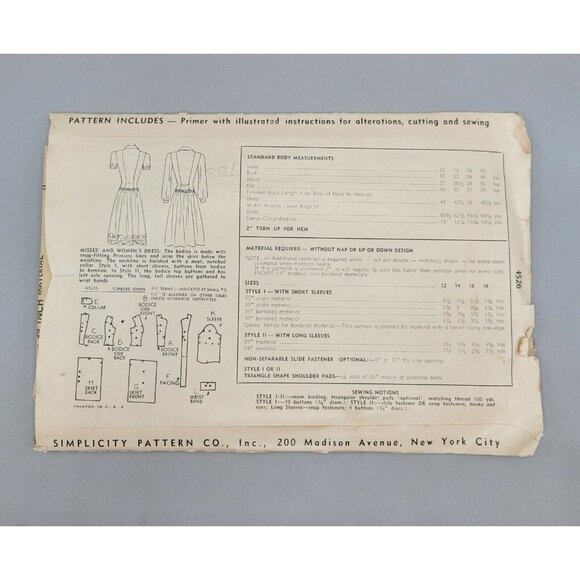 Simplicity 1943 Women's Dress Princess Line Buttons Sewing Pattern #4526 Size 14 - Picture 3 of 3